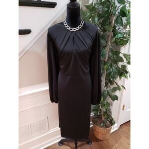 Women's Black Solid Polyester Round Neck Long Sleeve Casual Knee Length Dress 2X